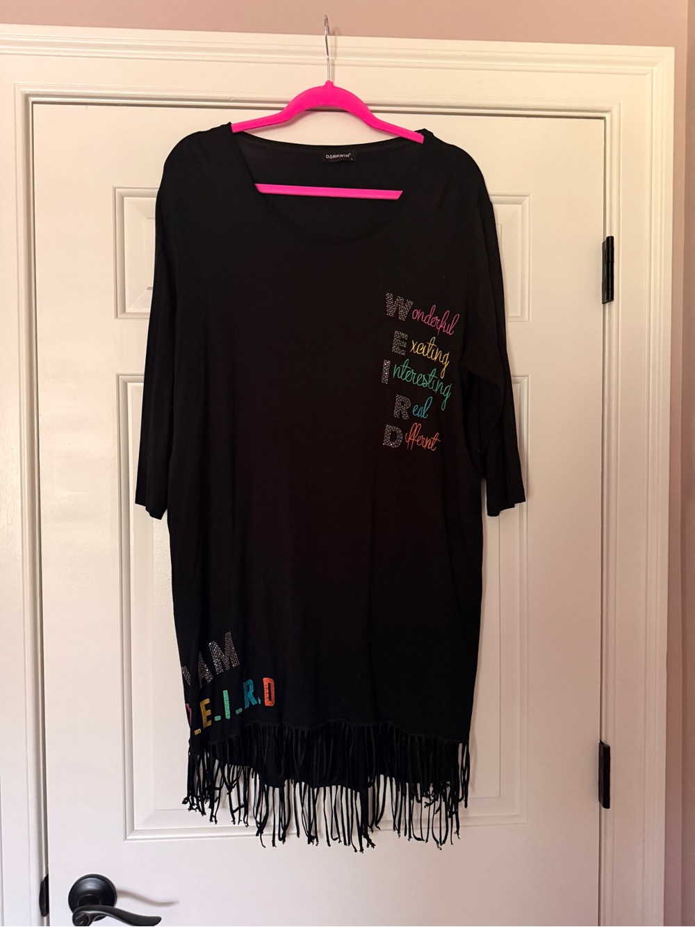 Black Fringe Tunic with Multicolor Embroidered Lettering